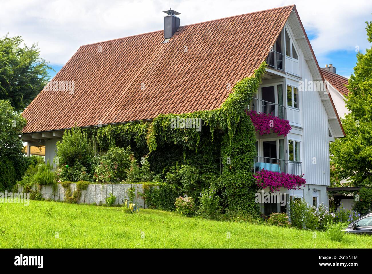 Maison surcultivée par l'ivy, design maison avec des plantes et des fleurs. Bel habitat confortable en ville en été. Magnifique cottage couvert de feuillage vert extérieur. Banque D'Images