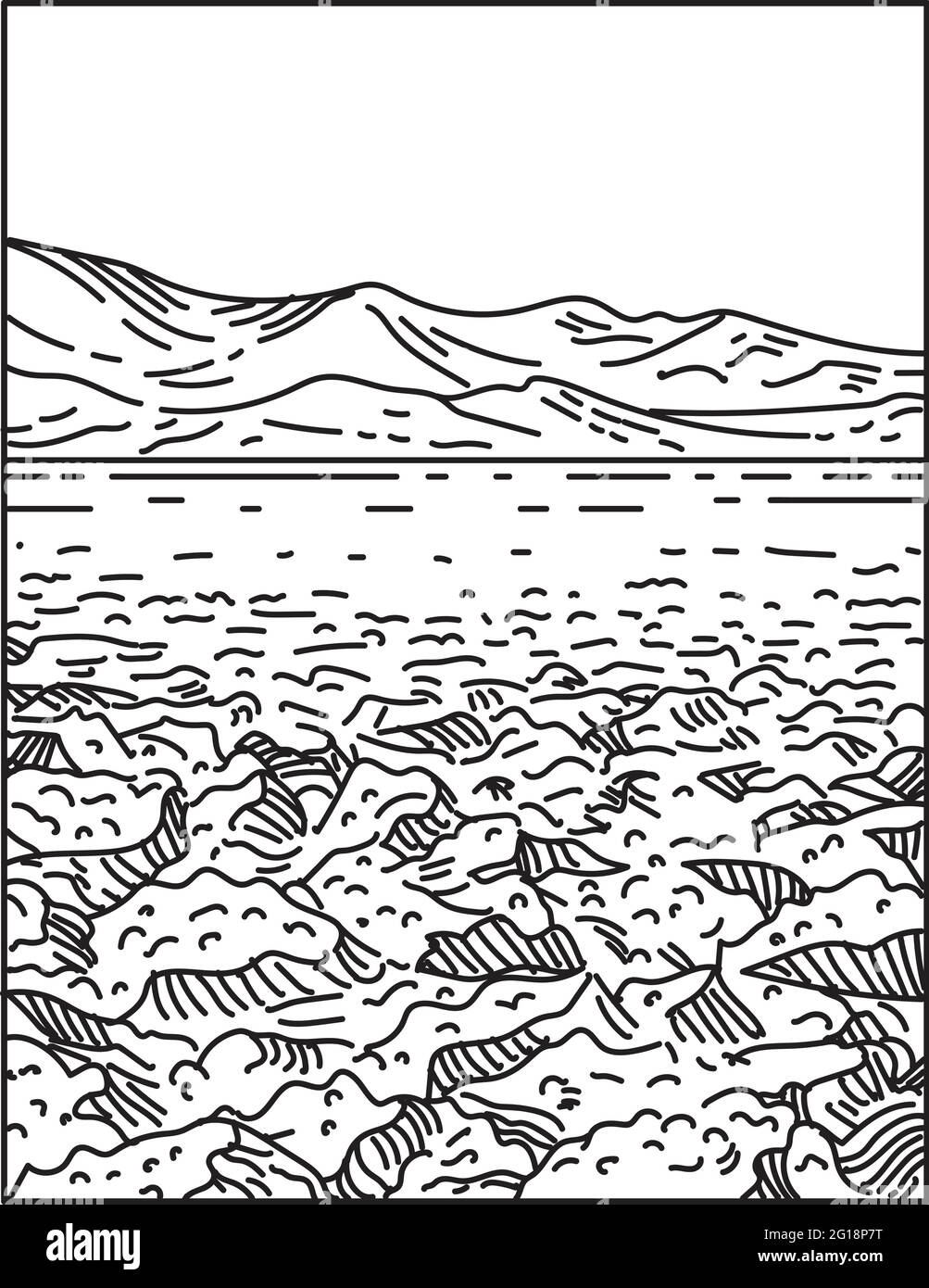 Illustration mono-ligne du parcours de golf Devil's situé dans le désert de Mojave dans le parc national de la Vallée de la mort, Californie États-Unis d'Amérique fait Illustration de Vecteur