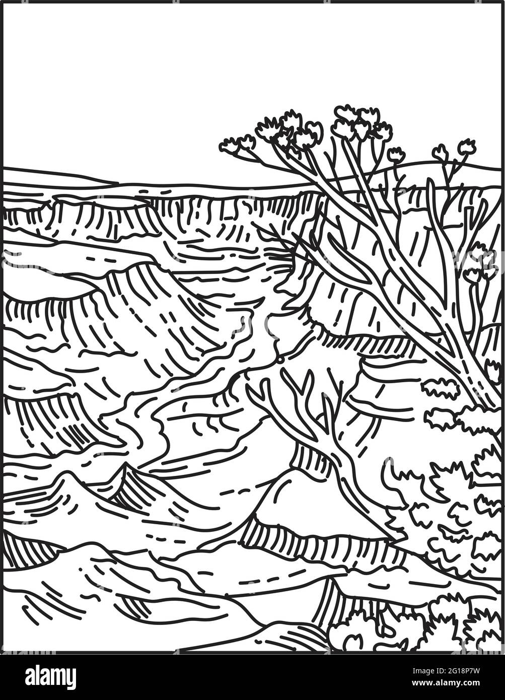 Illustration monoligne du parc national du Grand Canyon avec des bandes de roches rouges superposées révélant des millions d'années d'histoire géologique en Arizona fait Illustration de Vecteur