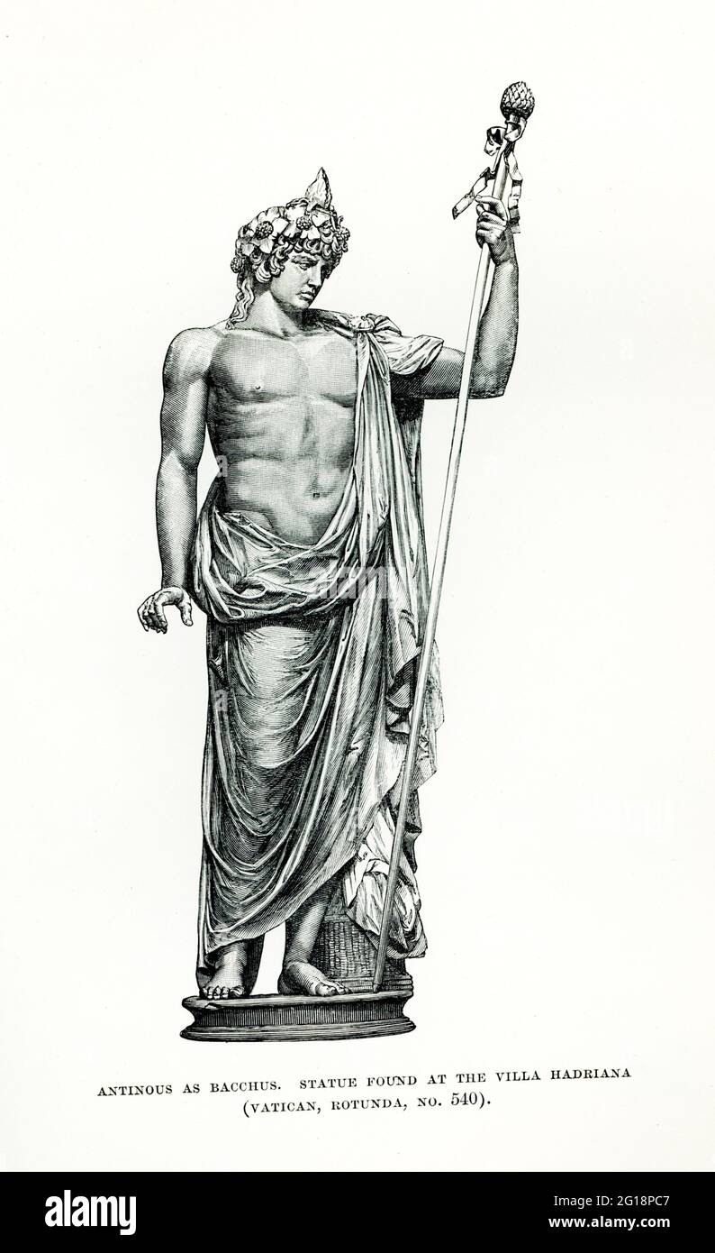 Cette statue montre Antinous comme Bacchus. Il a été trouvé à la Villa Hadriana et est logé dans le Vatican à Rotunda No 54. Connue sous le nom d'Antinous Braschi, cette sculpture colossale a été trouvée dans les fouilles en 1792-1793 dans une région présumée avoir été la villa d'Hadrien à Praeneste, aujourd'hui Palestrina. Antinous était le favori de l'empereur Hadrien (117-138 A.D.). Il s'est noyé dans les eaux du Nil en 130 A.D. et a été immédiatement fait un dieu par l'empereur. Est cette statue, qui date des années qui suivent immédiatement sa mort, Antinous est montré comme le dieu Bacchus (ou Dionysius-Osiris). Sur sa h Banque D'Images