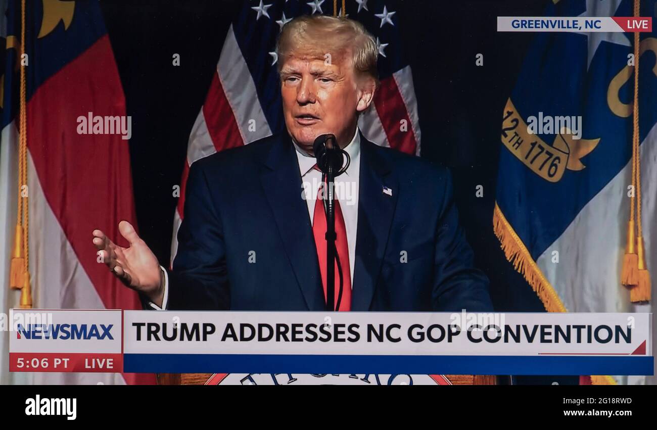 05 juin 2021, Greenville, Caroline du Nord, États-Unis - l'ancien président DONALD TRUMP s'adresse à la convention républicaine de l'État de Caroline du Nord.(Credit image: © Newsmax/ZUMA Wire) Banque D'Images