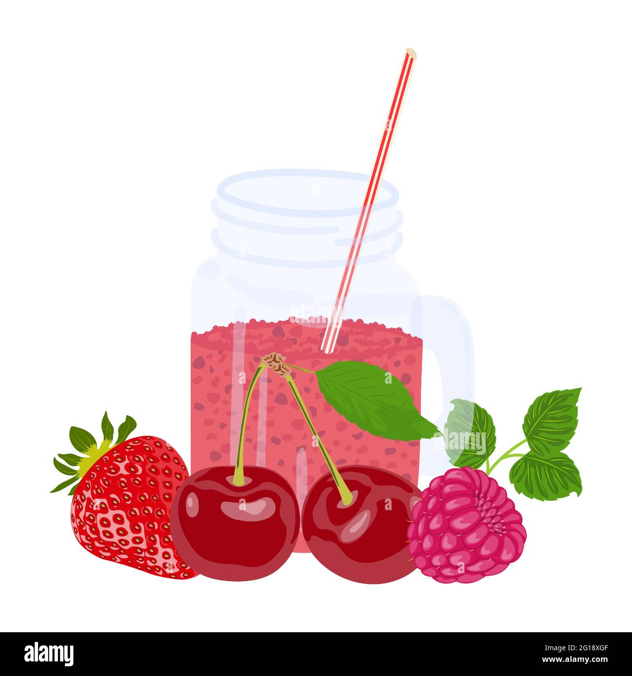 Jus d'été naturel de fruits et de baies dans un pot en verre avec une poignée et une paille. Cocktail de fraises, framboises et cerises isolé sur blanc Illustration de Vecteur
