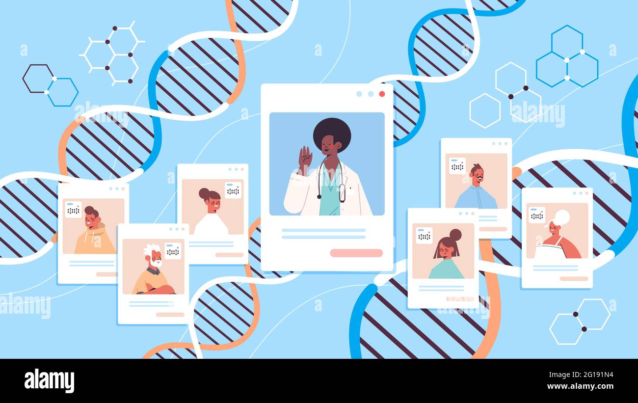 african american médecin consultant des patients dans des fenêtres de navigateur Web tests ADN diagnostic d'ingénierie génétique Illustration de Vecteur