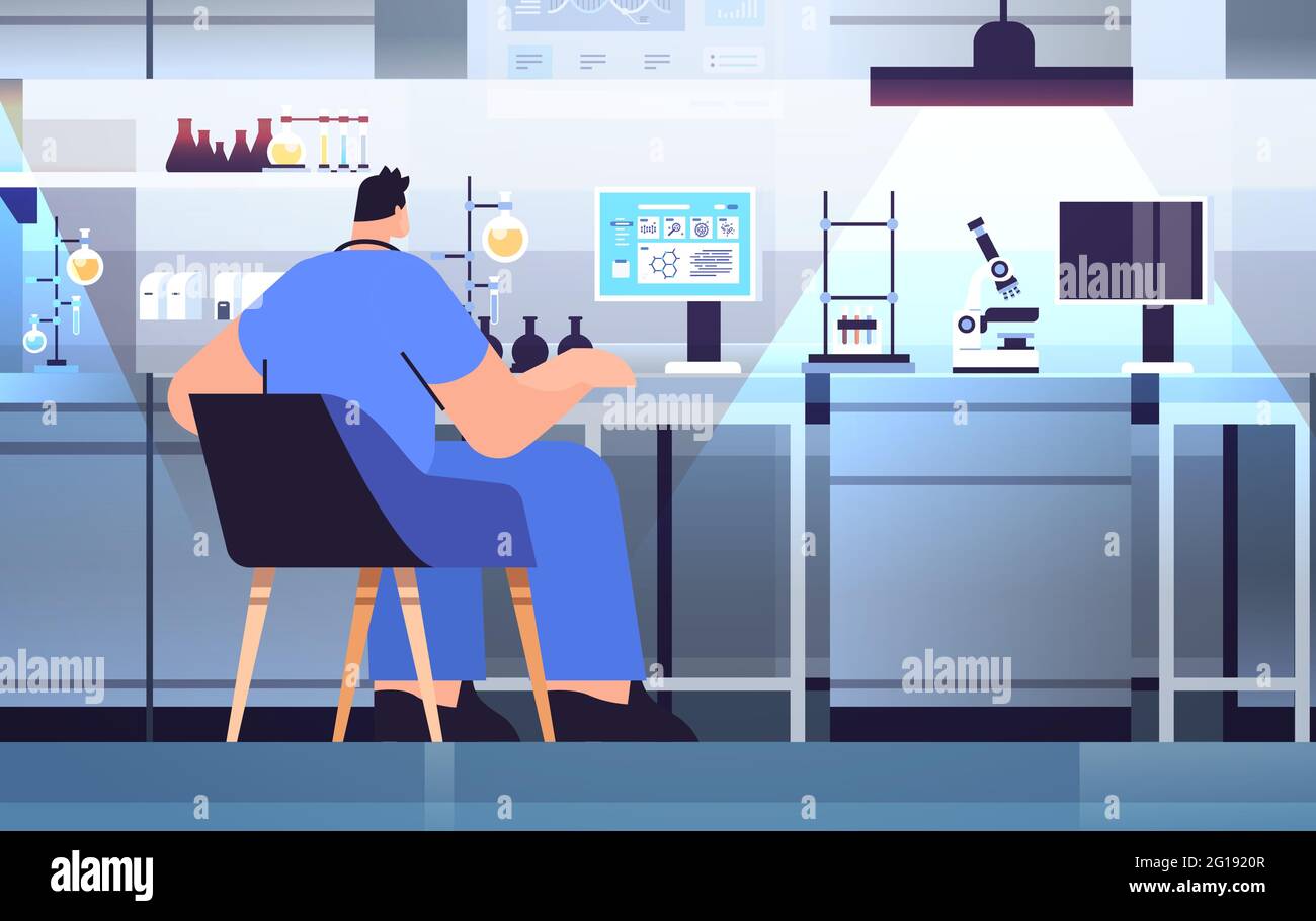 homme chercheur scientifique travaillant avec tube à essai en laboratoire chercheur faisant des expériences chimiques en laboratoire Illustration de Vecteur