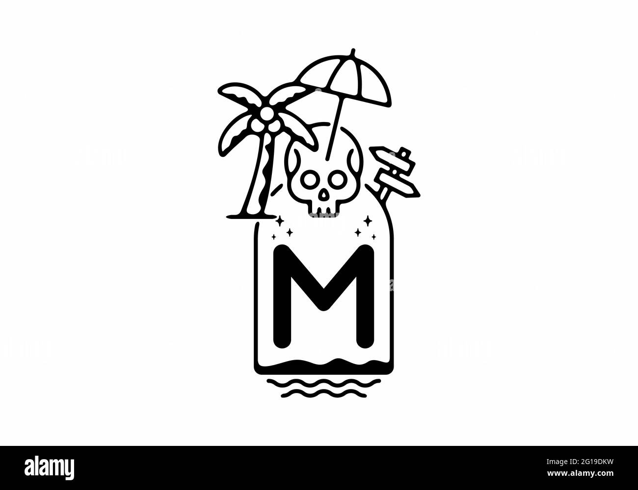 Illustration de l'art de la ligne noire de la plage de crâne avec M initiale lettre design Illustration de Vecteur