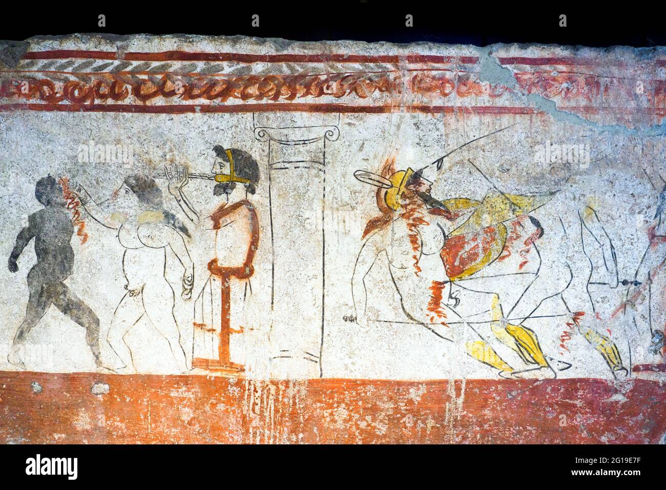 Fresque représentant la boxe et le duel Andriuolo, Tombeau 24 - dalle occidentale (370-360 av. J.-C.) - zone archéologique de ​​Paestum - Salerne, Italie Banque D'Images