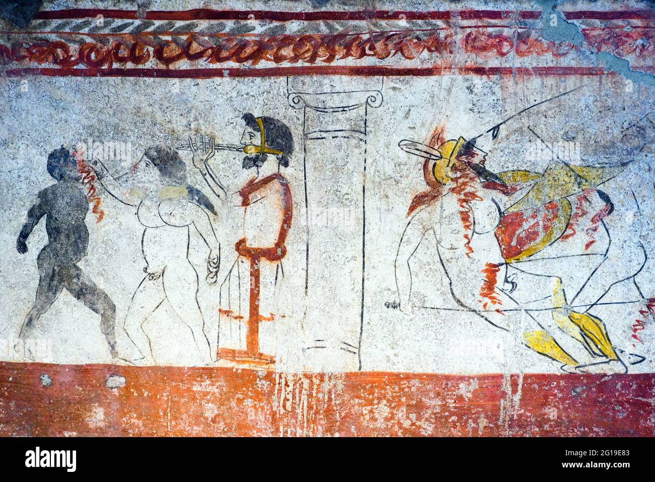 Fresque représentant la boxe et le duel Andriuolo, Tombeau 24 - dalle occidentale (370-360 av. J.-C.) - zone archéologique de ​​Paestum - Salerne, Italie Banque D'Images