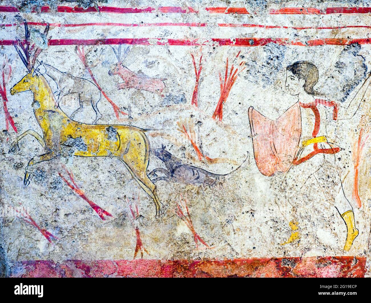 Fresque représentant la chasse au cerf Andriuolo, Tombeau 18 - dalle orientale (370-360 av. J.-C.) - zone archéologique de ​​Paestum - Salerno, Italie Banque D'Images