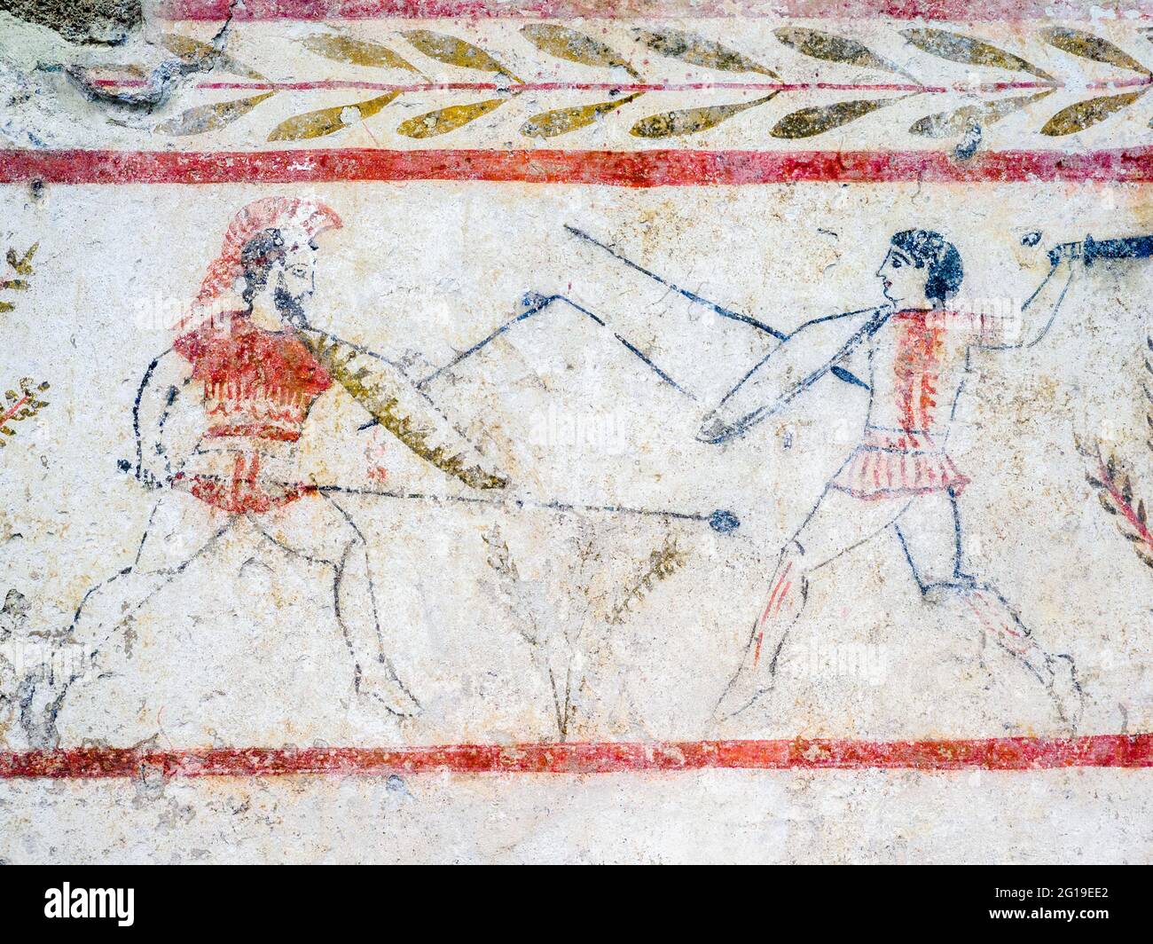 Fresque représentant un duel Arcioni, tombe 271 - dalle du Nord (premier quart du 4ème siècle av. J.-C.) - zone archéologique de ​​Paestum - Salerno, Italie Banque D'Images