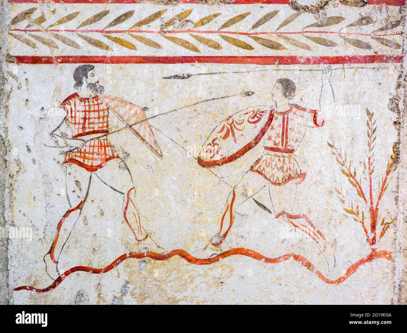 Fresque représentant un duel Arcioni, tombe 1 - dalle occidentale (375-350 av. J.-C.) - zone archéologique de ​​Paestum - Salerne, Italie Banque D'Images