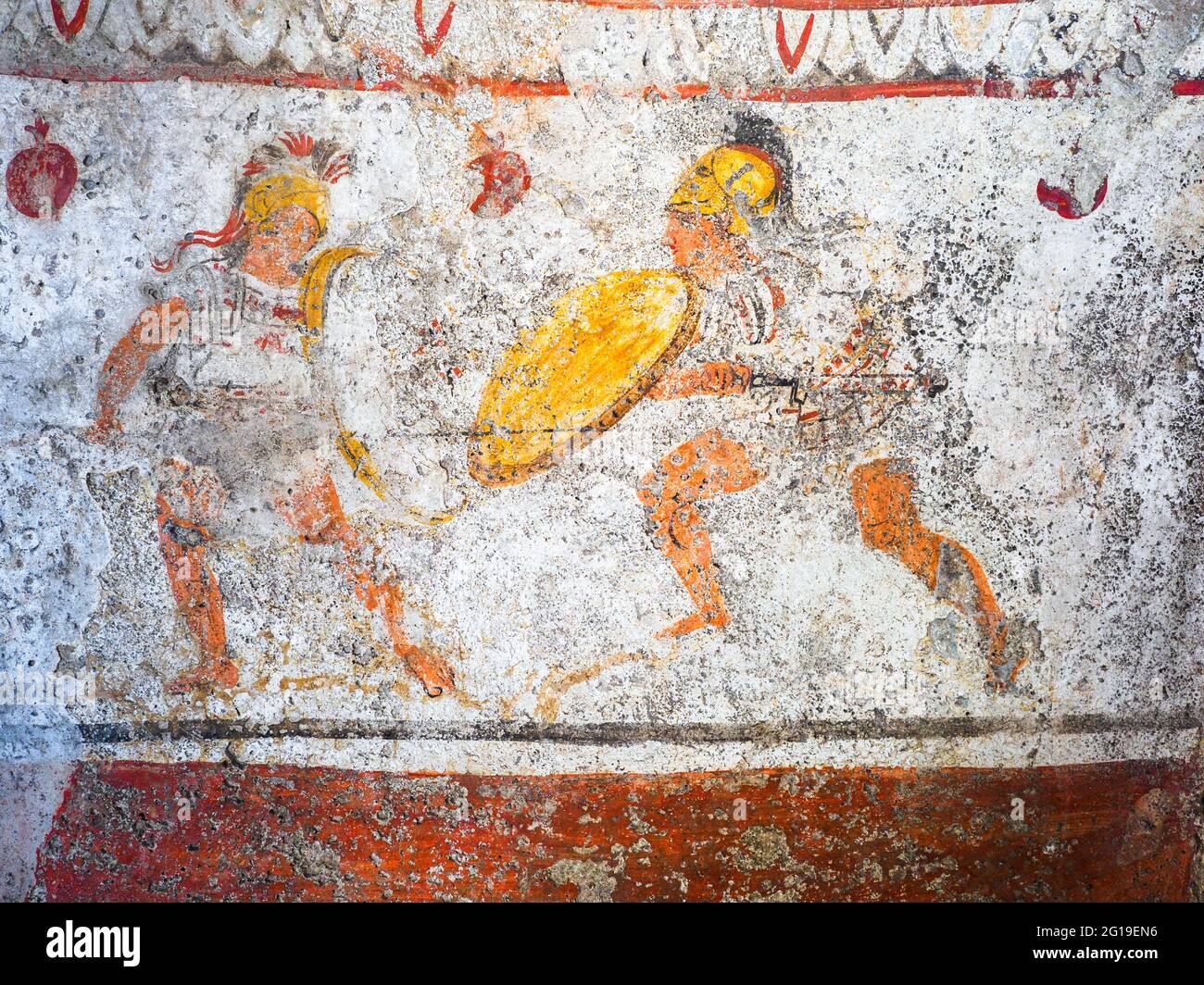 Fresque représentant un duel Arcioni, tombe 1 - dalle occidentale (375-350 av. J.-C.) - zone archéologique de ​​Paestum - Salerne, Italie Banque D'Images