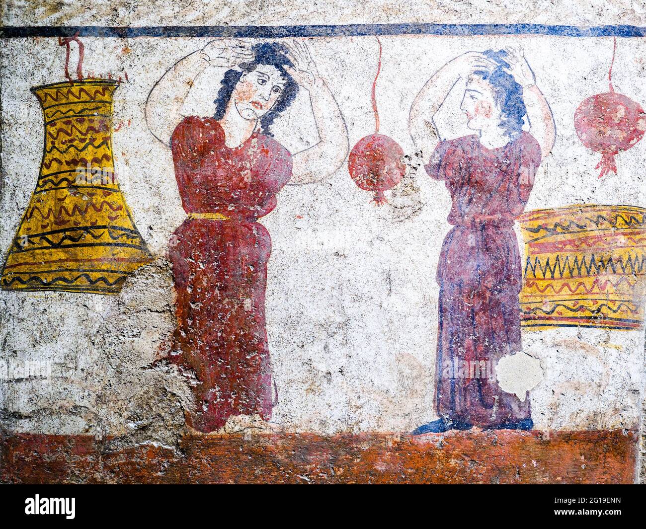 Fresque représentant les mouneurs pleureurs Laghetto, Tomb X - dalle occidentale (350 av. J.-C.) - zone archéologique de ​​Paestum - Salerne, Italie Banque D'Images