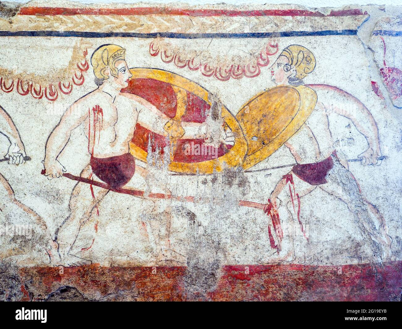 Fresque représentant un duel Laghetto, Tomb X - dalle sud (350 av. J.-C.) - zone archéologique de ​​Paestum - Salerne, Italie Banque D'Images