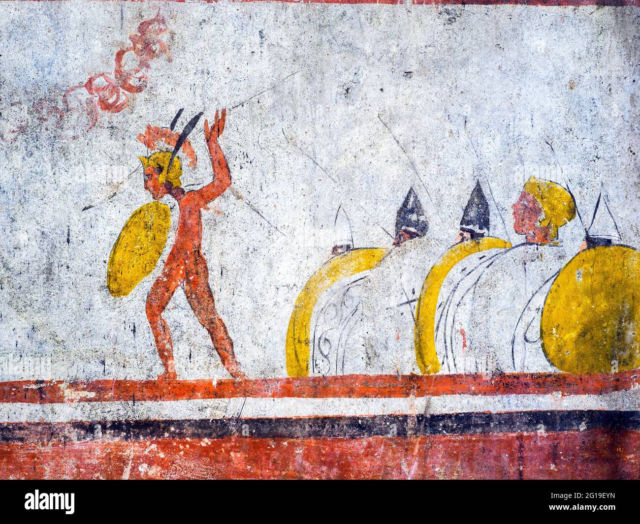 Fresque représentant une scène d'une bataille (détail) Andriuolo, Tombeau 114 - plaque du Sud (330-320 av. J.-C.) - zone archéologique de ​​Paestum - Salerno, Italie Banque D'Images