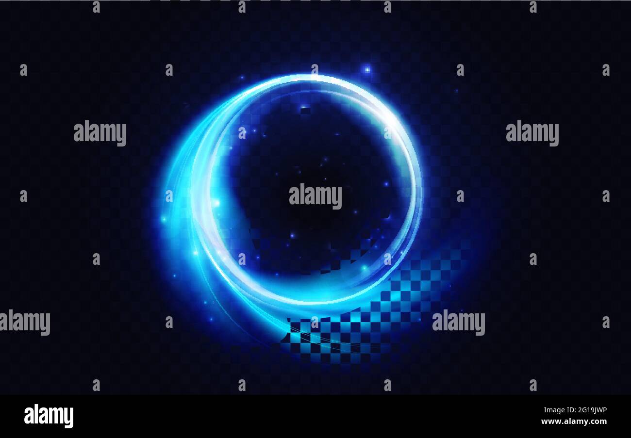 Cercle bleu évasé, illustration vectorielle à effet de lumière luminescent. Forme d'énergie lumineuse au néon, tourbillons lumineux abstraits magiques, portail rond fantaisie et paillettes de particules sur fond transparent foncé Illustration de Vecteur