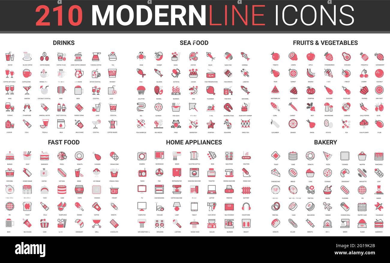 Menu du café, fruits de mer, légumes d'été, fruits de mer et fastfood fin rouge ligne noire icône scénario ensemble. Collection de pictogrammes linéaires d'appareils électroménagers de cuisine, contour modifiable de la boulangerie Illustration de Vecteur