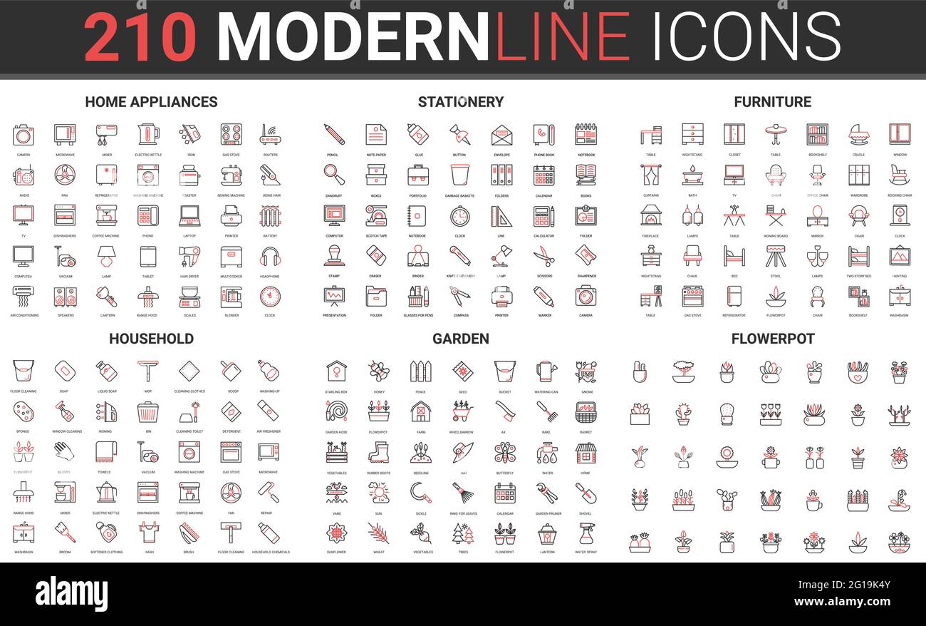 Appareils ménagers, meubles de maison et papeterie de bureau fin rouge ligne noire icône vecteur jeu d'illustration. Outils de jardin pour le soin des plantes de fleurs, pots de fleurs et vases, objets de nettoyage pour travaux ménagers Illustration de Vecteur
