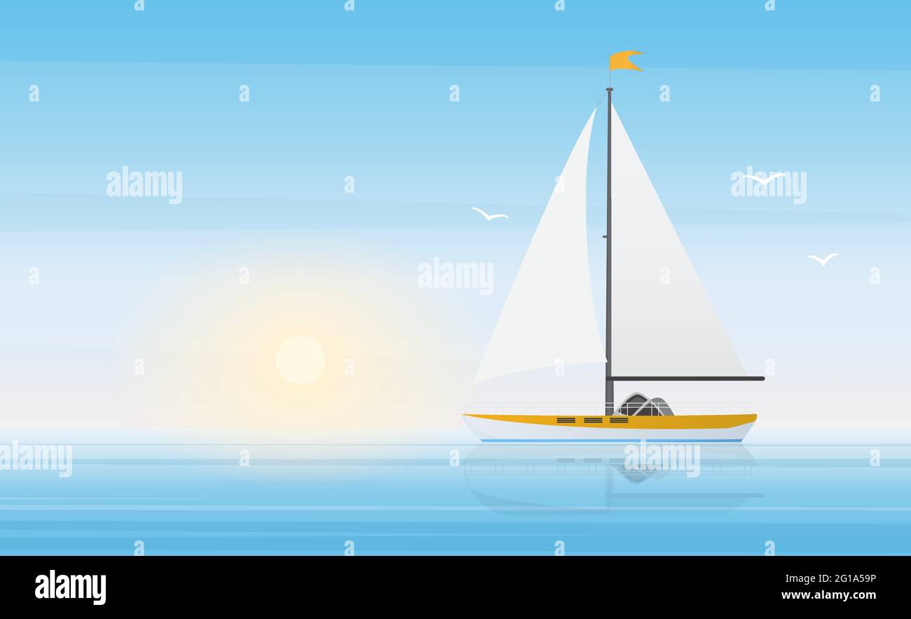 Voilier Yacht dans l'eau claire bleu vagues de mer ou paysage d'océan dans beau soleil de jour illustration de vecteur. Paysage de dessin animé panoramique avec bateau sous le soleil, paysage marin d'été croisière arrière-plan Illustration de Vecteur