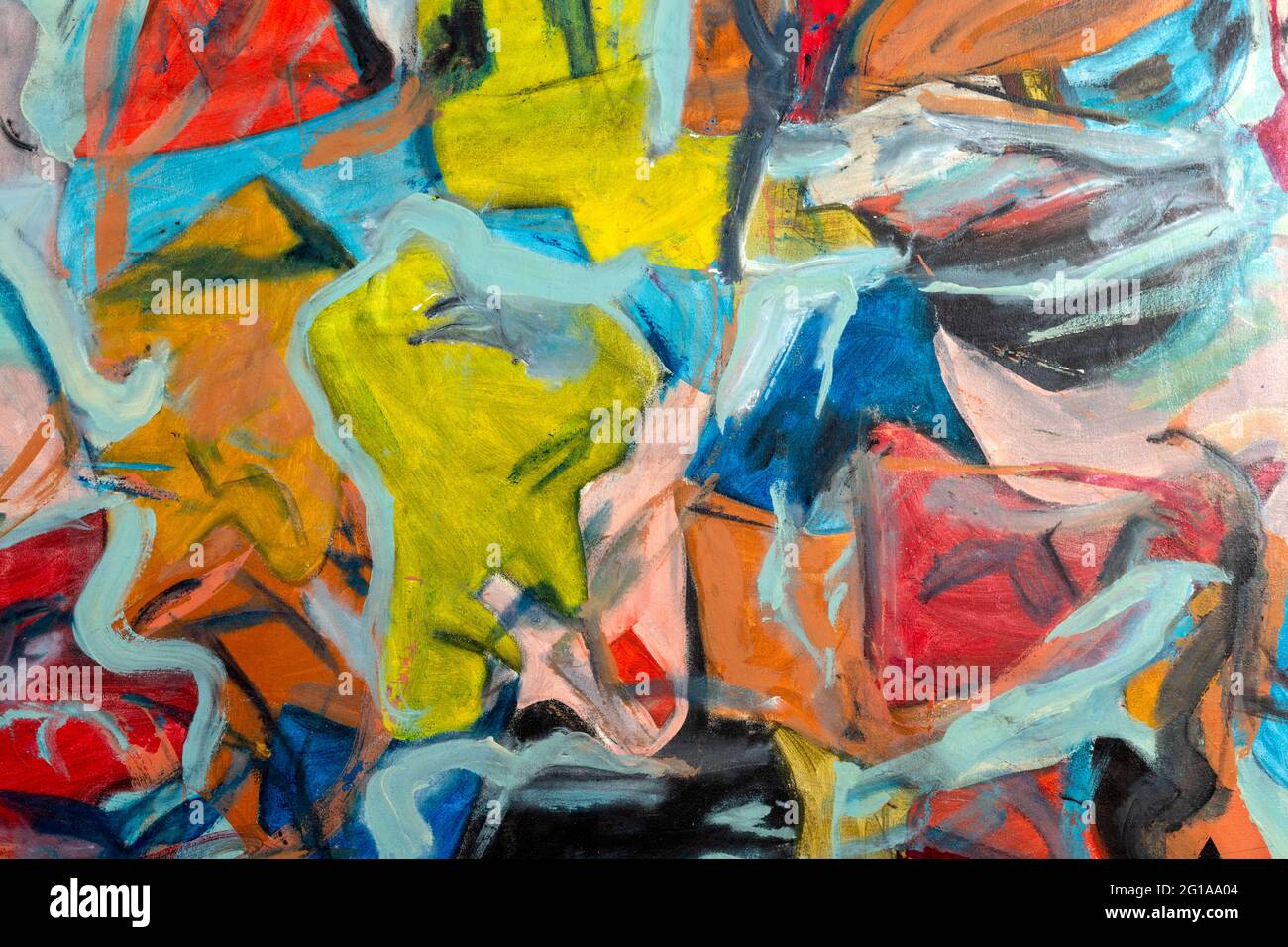 Fragment de peinture abstrait aux couleurs éclatantes, formes fortes et textures de pinceau. Peinture artistique unique. Banque D'Images