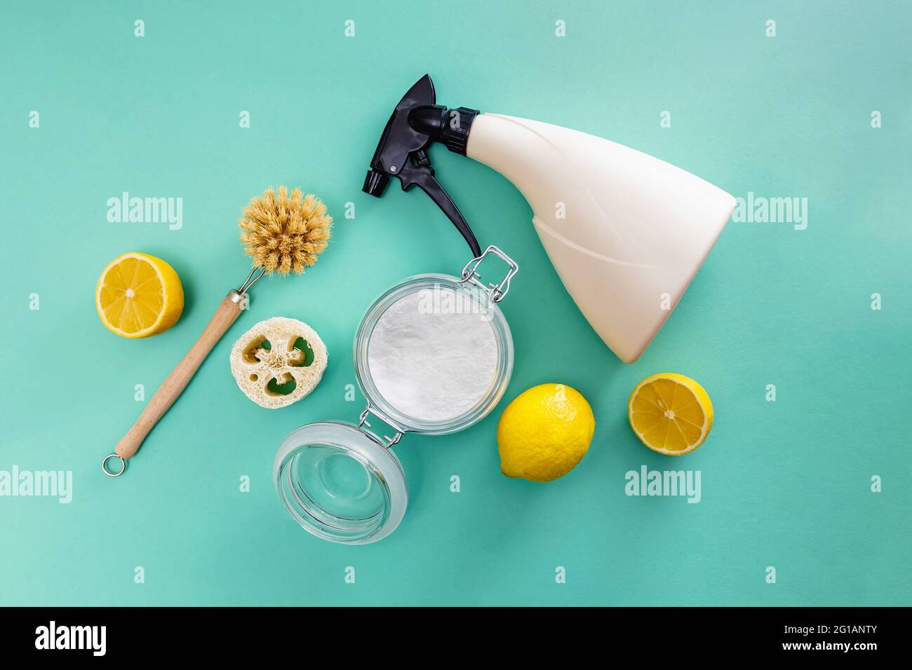 Composition de pose de plat avec des éléments naturels pour le nettoyage de la cuisine et de la maison. Banque D'Images