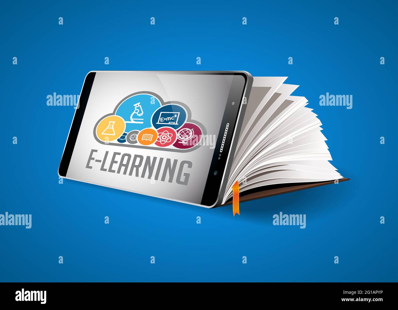 Concept eLearning - téléphone mobile comme livre avec mot E-LEARNING Banque D'Images