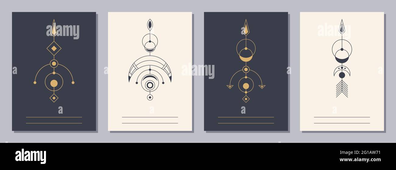 Ensemble de dépliants, affiches, écriteaux, modèles de conception de brochure format A6 avec icônes géométriques. Symboles de magie, alchimie, spiritualité, occultisme. Verticale Illustration de Vecteur