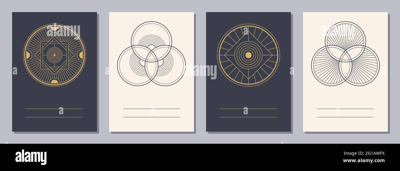 Ensemble de dépliants, affiches, écriteaux, modèles de conception de brochure format A6 avec icônes géométriques. Interlocked anneaux modèle, mandala mystique. Blancs verticaux. Illustration de Vecteur