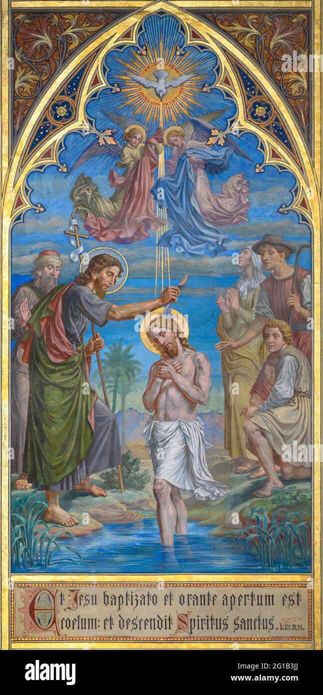 Fresque du Baptême de Jésus-Christ par Jean-Baptiste. Votivkirche – Église votive, Vienne, Autriche. Banque D'Images