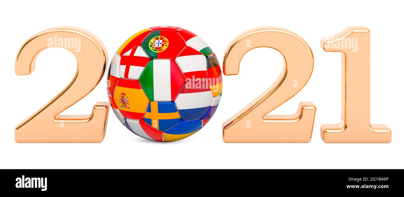 Concept de championnat d'Europe 2021. Ballon de football avec drapeaux européens, rendu 3D isolé sur fond blanc Banque D'Images