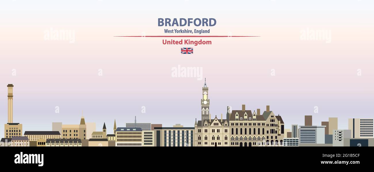 Bradford paysage urbain sur le coucher du soleil ciel illustration du vecteur avec le pays et le nom de la ville et avec le drapeau du Royaume-Uni Illustration de Vecteur