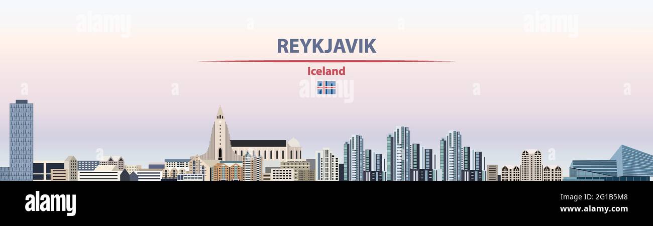 Panorama urbain de Reykjavik sur fond de ciel coucher de soleil illustration vectorielle avec nom de pays et de ville et drapeau de l'Islande Illustration de Vecteur