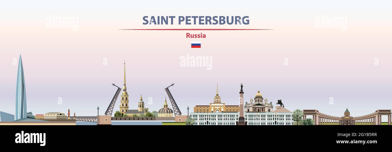 Paysage urbain de Saint-Pétersbourg sur fond de ciel coucher de soleil illustration vectorielle avec nom de pays et de ville et avec drapeau de la Russie Illustration de Vecteur