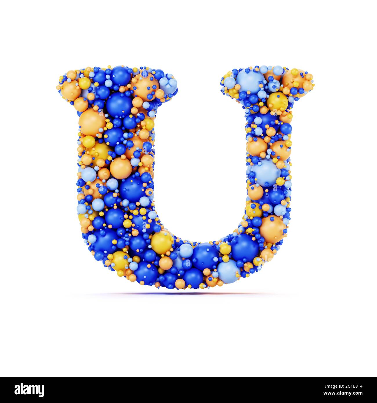 Lettre U avec boules brillantes colorées. Illustration de rendu 3d réaliste. Isolé sur un arrière-plan blanc avec une dominante d'ombre Banque D'Images