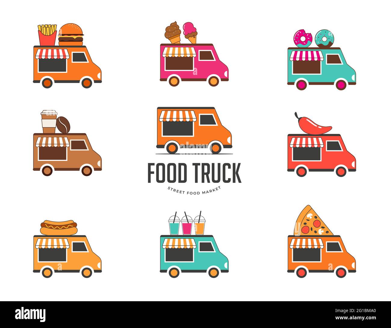 Salon des camions alimentaires, marché de nuit, Fête de l'été, foire de rue de la nourriture et de la musique, affiche et bannière du festival familial Illustration de Vecteur