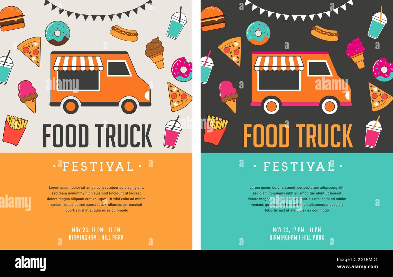 Salon des camions alimentaires, marché de nuit, Fête de l'été, foire de rue de la nourriture et de la musique, affiche et bannière du festival familial Illustration de Vecteur
