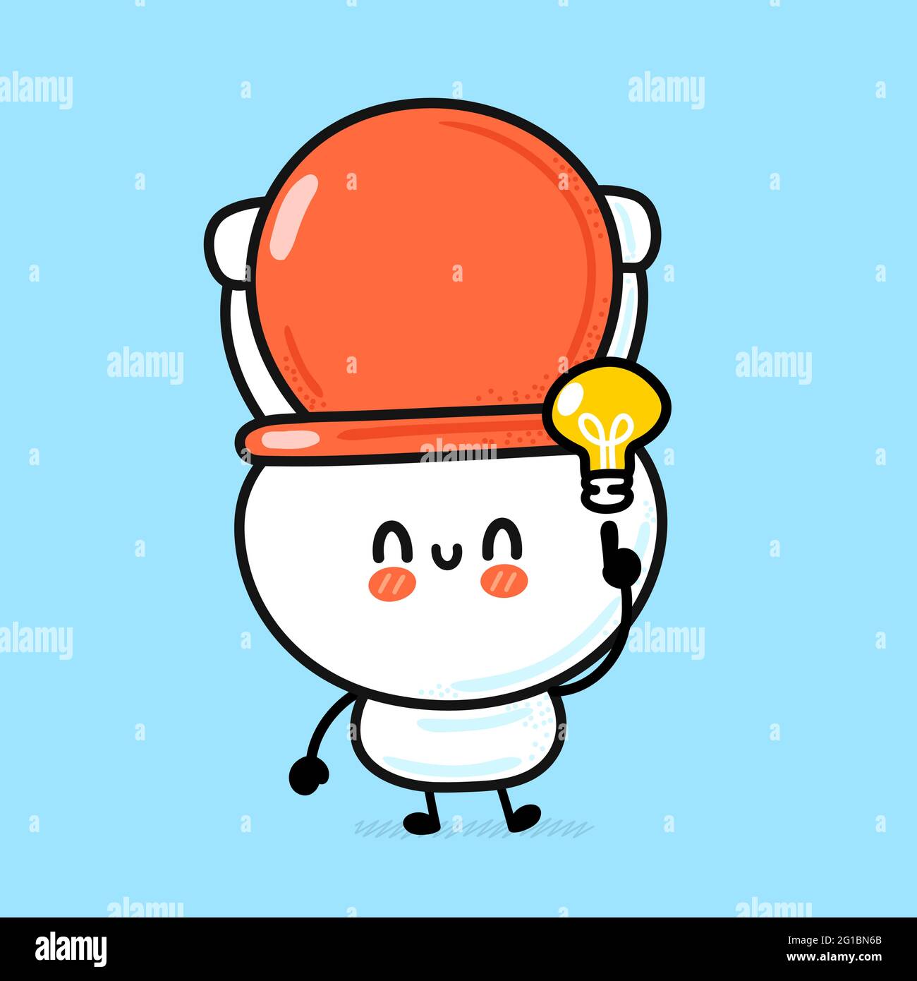 Joli bol de toilette blanc joyeux avec ampoule Idea. Icône d'illustration de personnage de dessin animé à la main de vecteur kawaii. Drôle de dessin animé WC, cuvette de toilette mascotte concept de caractère Illustration de Vecteur