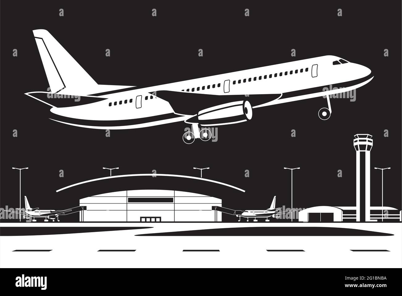 Avion décollage de l'aéroport par illustration de vecteur de nuit Illustration de Vecteur