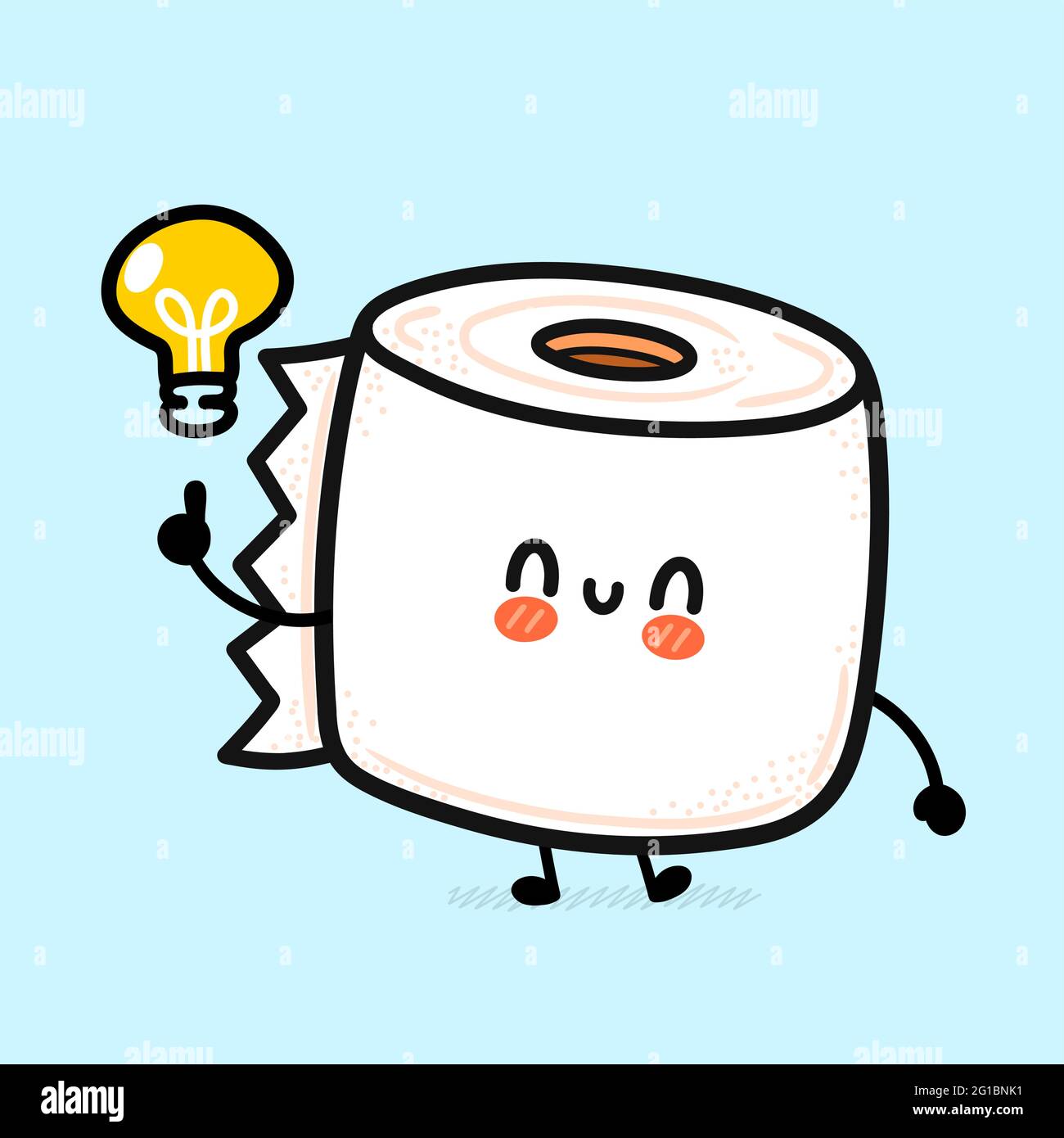 Joli rouleau de papier toilette blanc joyeux avec ampoule Idea. Icône d'illustration de personnage de dessin animé à la main de vecteur kawaii. Drôle de dessin animé papier toilette mascotte concept de personnage Illustration de Vecteur