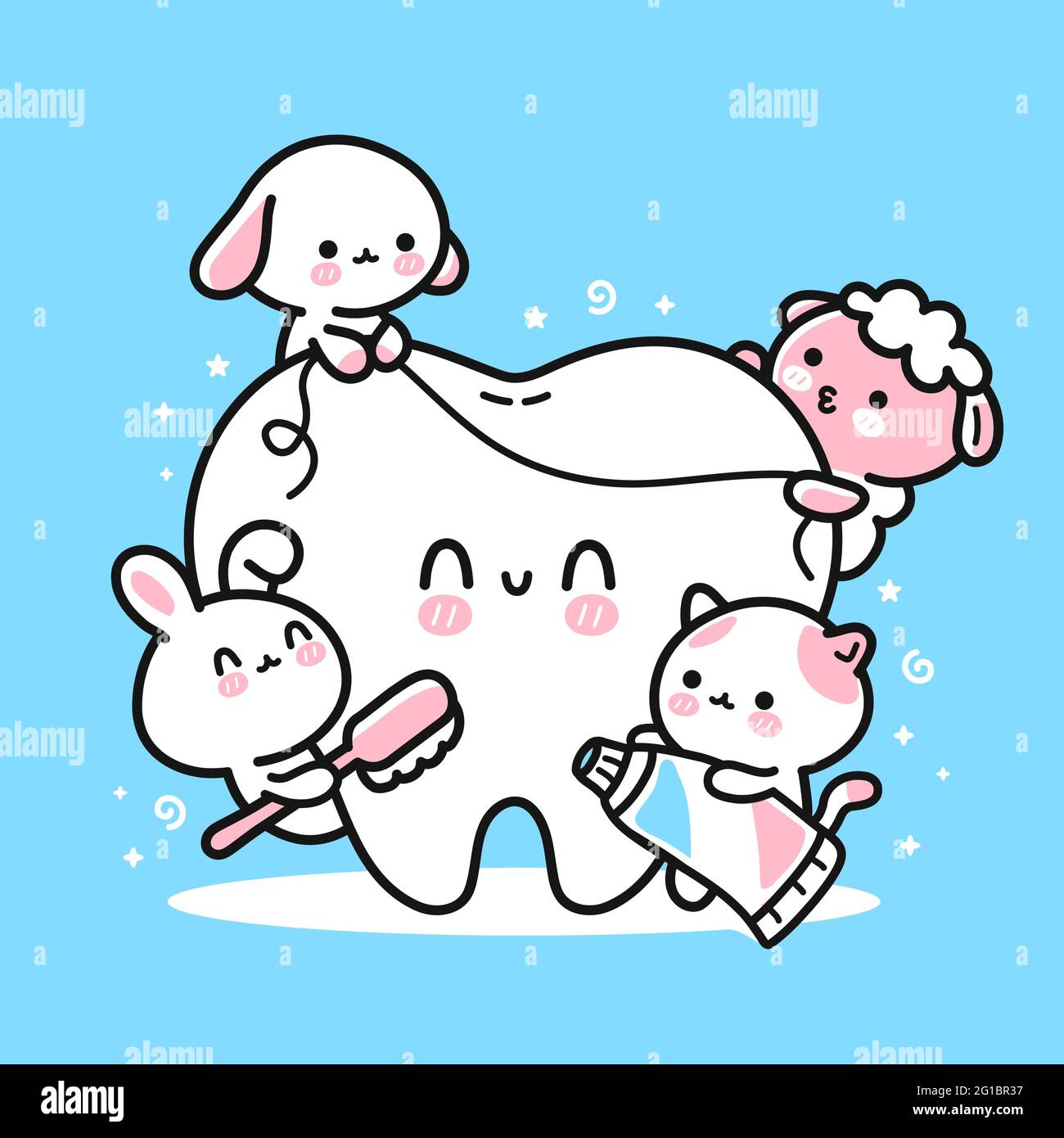 Mignon animaux drôle nettoyer les dents avec brosse à dents, dentifrice et fil dentaire. Icône d'illustration de personnage de dessin animé à la main de vecteur kawaii. Chiot chien, chat de kittie, agneau, lapin dents propres enfants concept Illustration de Vecteur