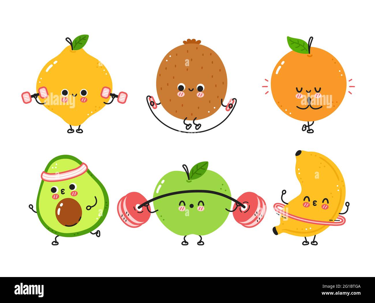 Ensemble de salle de sport mignon drôle de fruits. Icône d'illustration de personnage de dessin animé kawaii à lignes planes vectorielles. Isolé sur fond blanc. Avocat, citron, orange, pomme, kiwi, paquet de caractères d'entraînement de banane Illustration de Vecteur