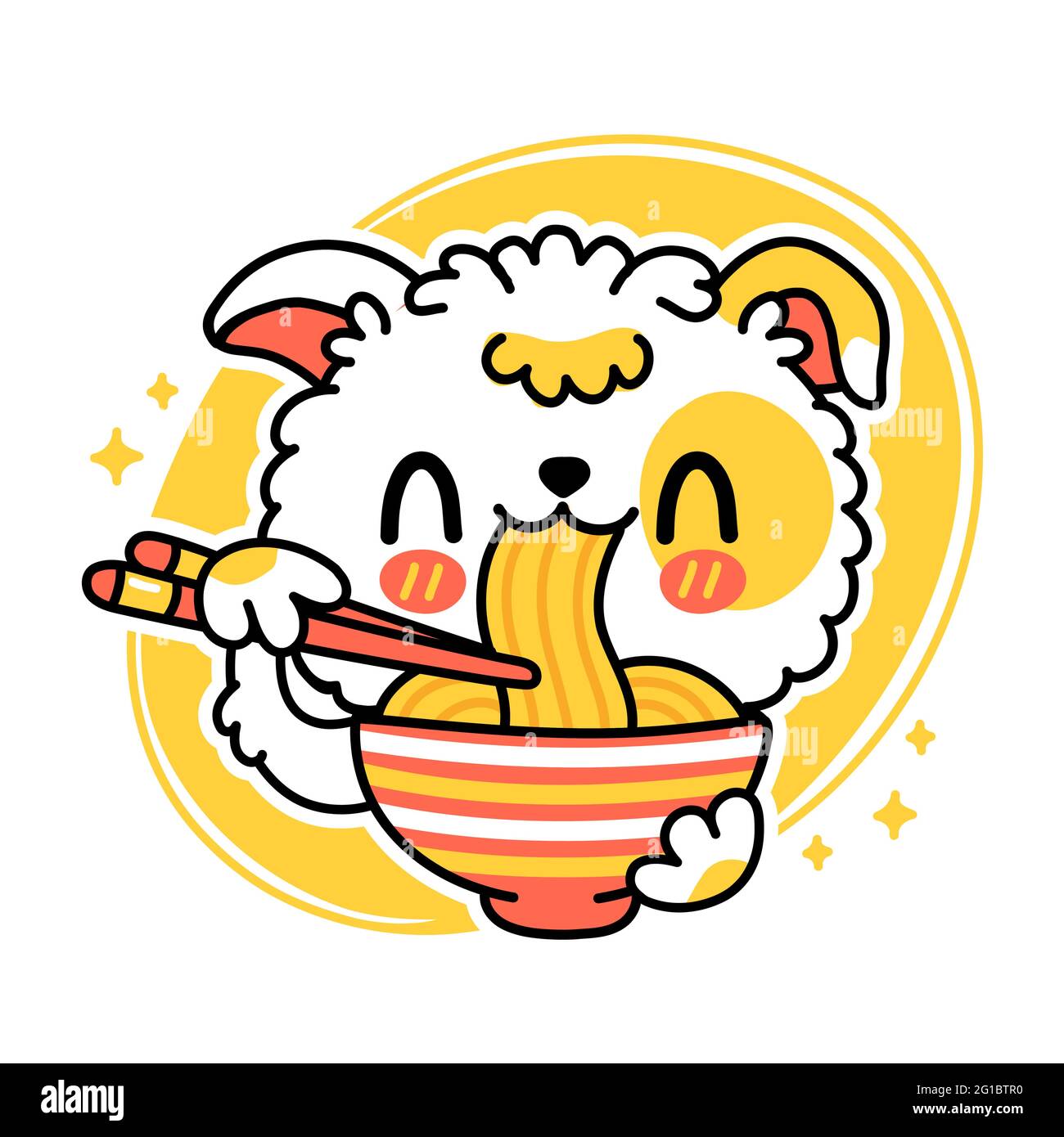 Un chien mignon et drôle mange des nouilles dans un bol. Icône d'illustration de personnage de dessin animé à la main de vecteur kawaii. Isolé sur fond blanc. Cuisine asiatique, japonais, coréen mascotte de nouilles concept de personnage de dessin animé Illustration de Vecteur