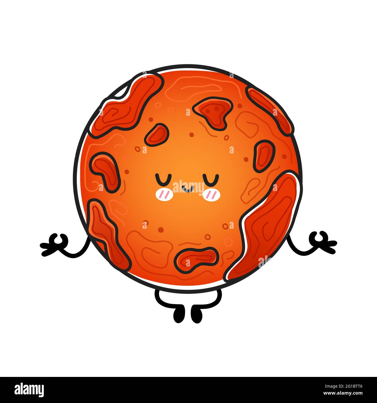 Jolie drôle planète Mars heureux méditer dans la pose de yoga. Icône d'illustration de personnage de dessin animé à la main de vecteur kawaii. Isolé sur fond blanc. Exploration spatiale, concept de caractère cosmos planète Mars Illustration de Vecteur