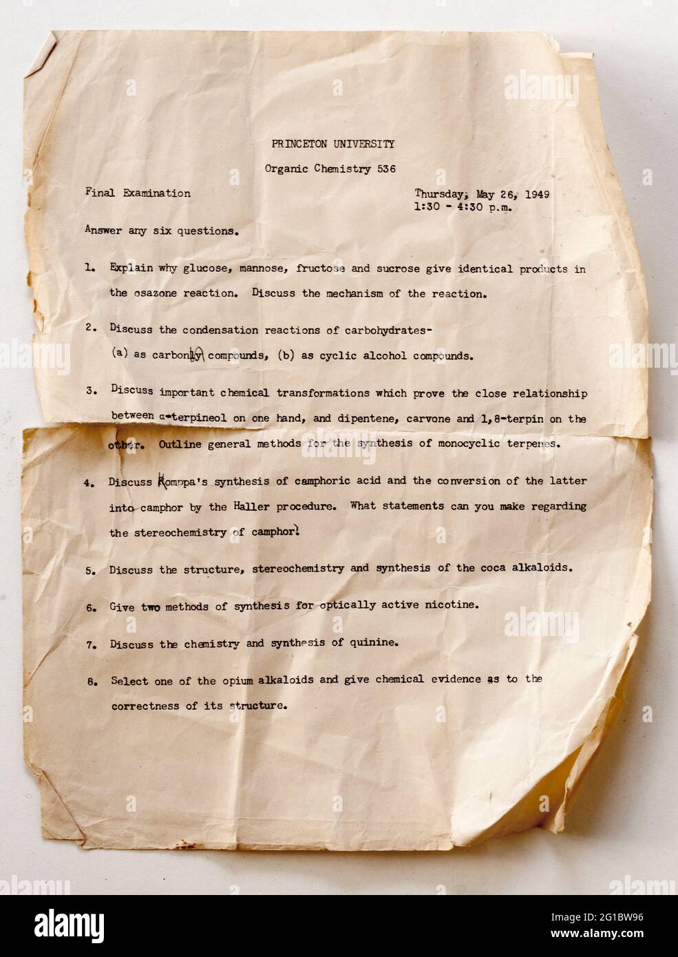 Document d'examen de l'Université de Princeton des années 1940 - Chimie organique Banque D'Images