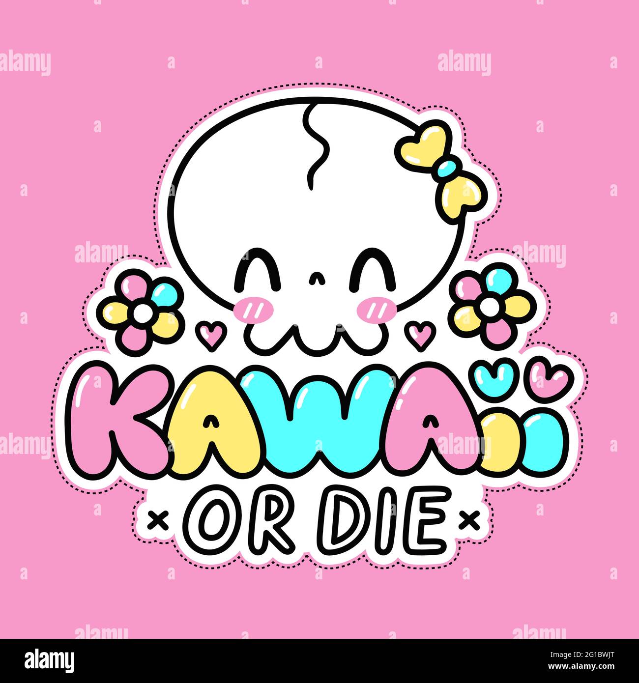 Adorable personnage drôle de crâne. Citation de kawaii ou de die. Icône d'illustration de personnage de dessin animé kawaii à lignes planes vectorielles. Motif kawaii pour t-shirt, carte, poster Illustration de Vecteur