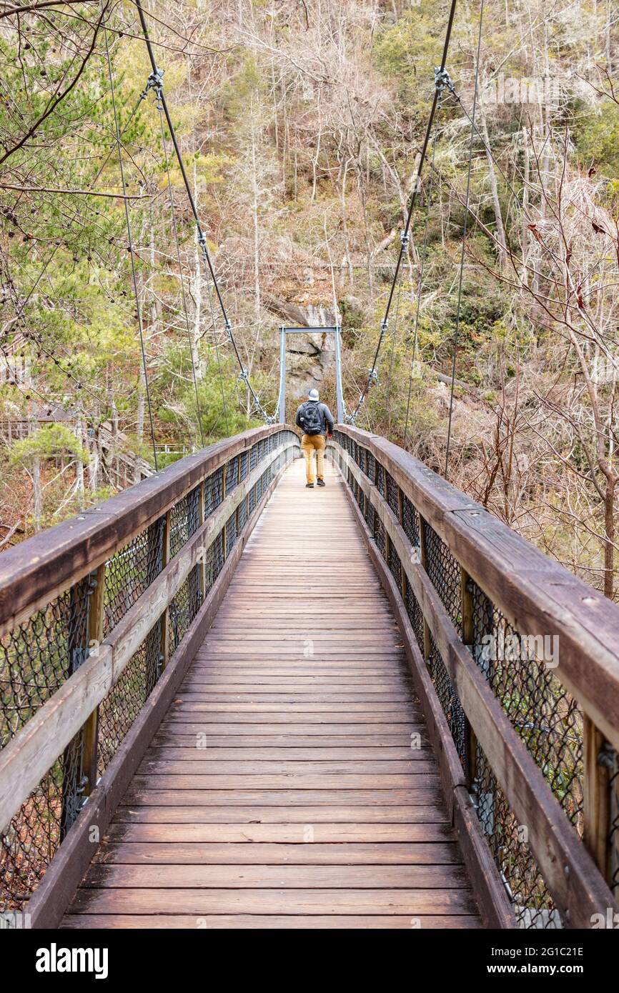 Mountaineer marchant sur un pont suspendu en bois dans la forêt Banque D'Images