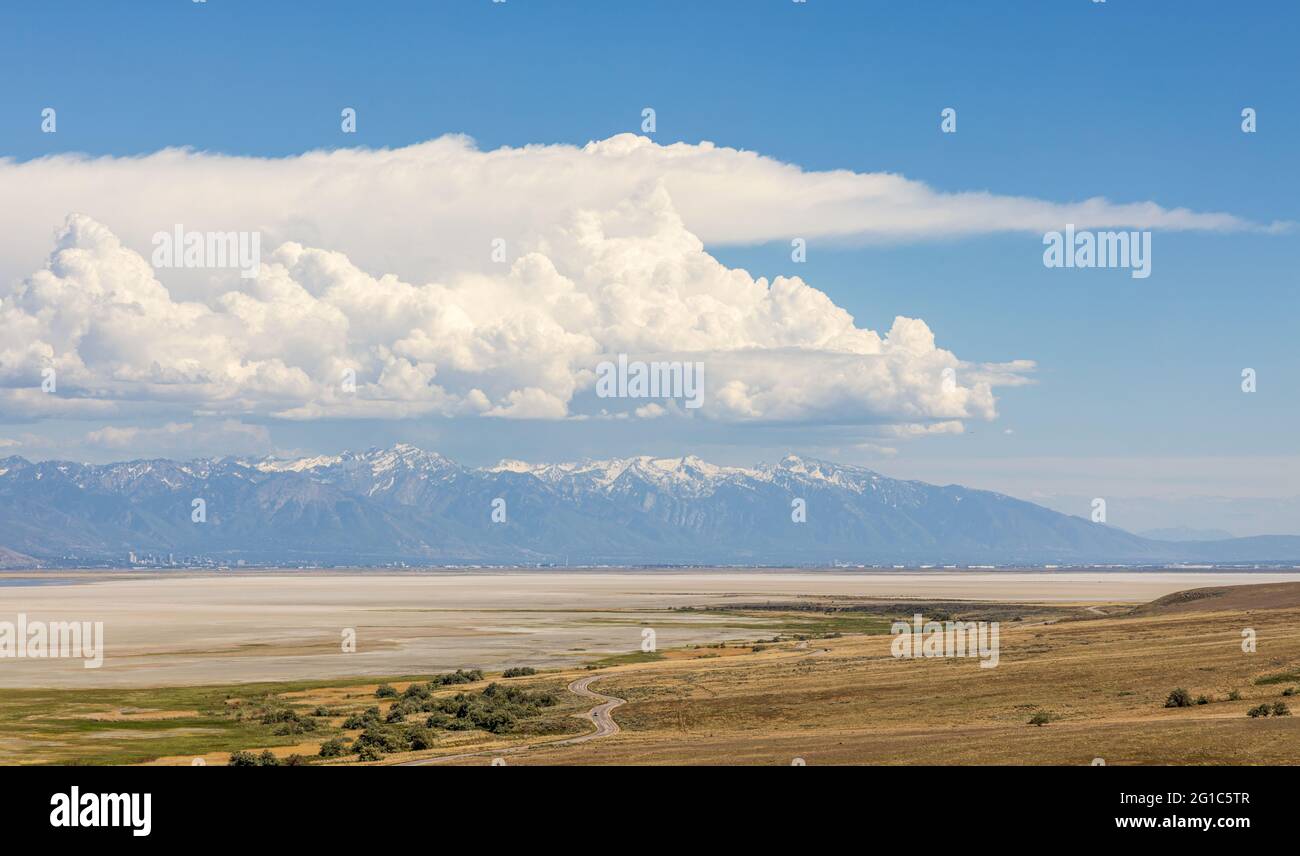 Paysage de printemps panoramique au parc national d'Antelope Island dans l'Utah Banque D'Images