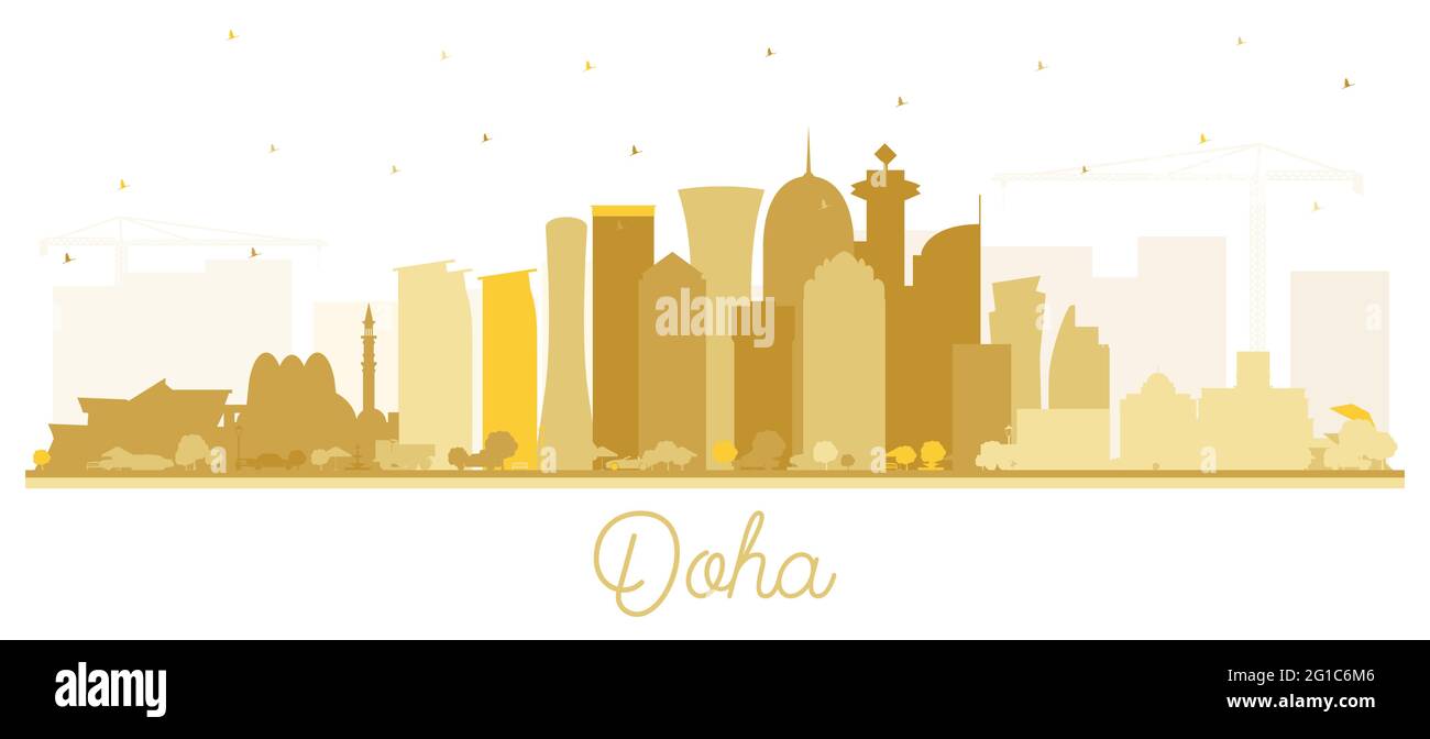 Doha Qatar City Skyline Silhouette avec bâtiments d'or isolés sur blanc. Illustration vectorielle. Voyages d'affaires et tourisme. Illustration de Vecteur