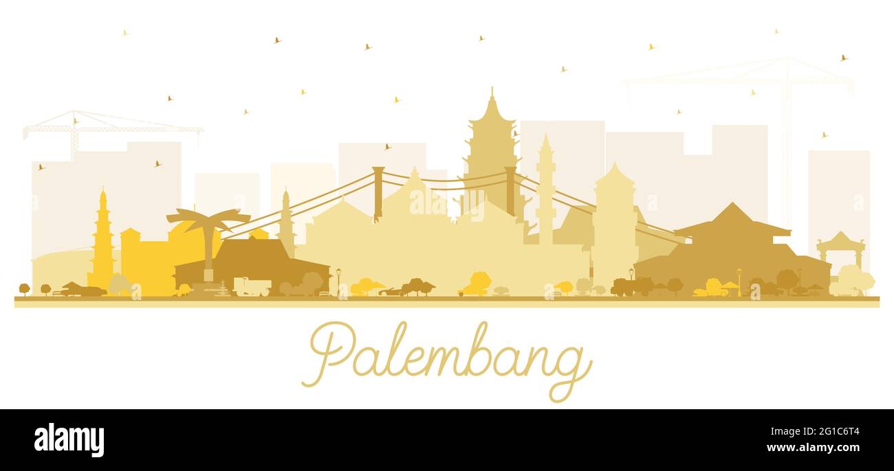 Palembang Indonesia City Skyline Silhouette avec des bâtiments d'or isolés sur blanc. Illustration vectorielle. Illustration de Vecteur