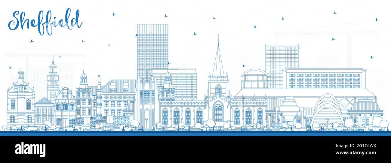 Outline Sheffield UK City Skyline avec Blue Buildings. Illustration vectorielle. Ville de Sheffield dans le Yorkshire du Sud avec sites touristiques. Illustration de Vecteur