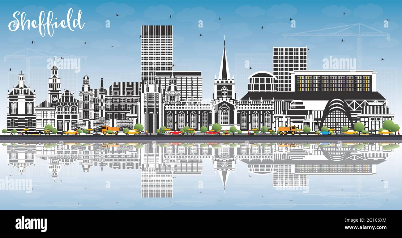 Sheffield UK City Skyline avec les bâtiments couleur, le ciel bleu et les reflets. Illustration vectorielle. Ville de Sheffield dans le Yorkshire du Sud avec sites touristiques. Illustration de Vecteur
